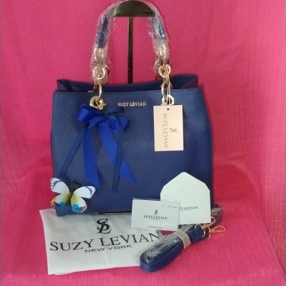 Suzy levian Sapphire satchel with bows and butterfly purse charms